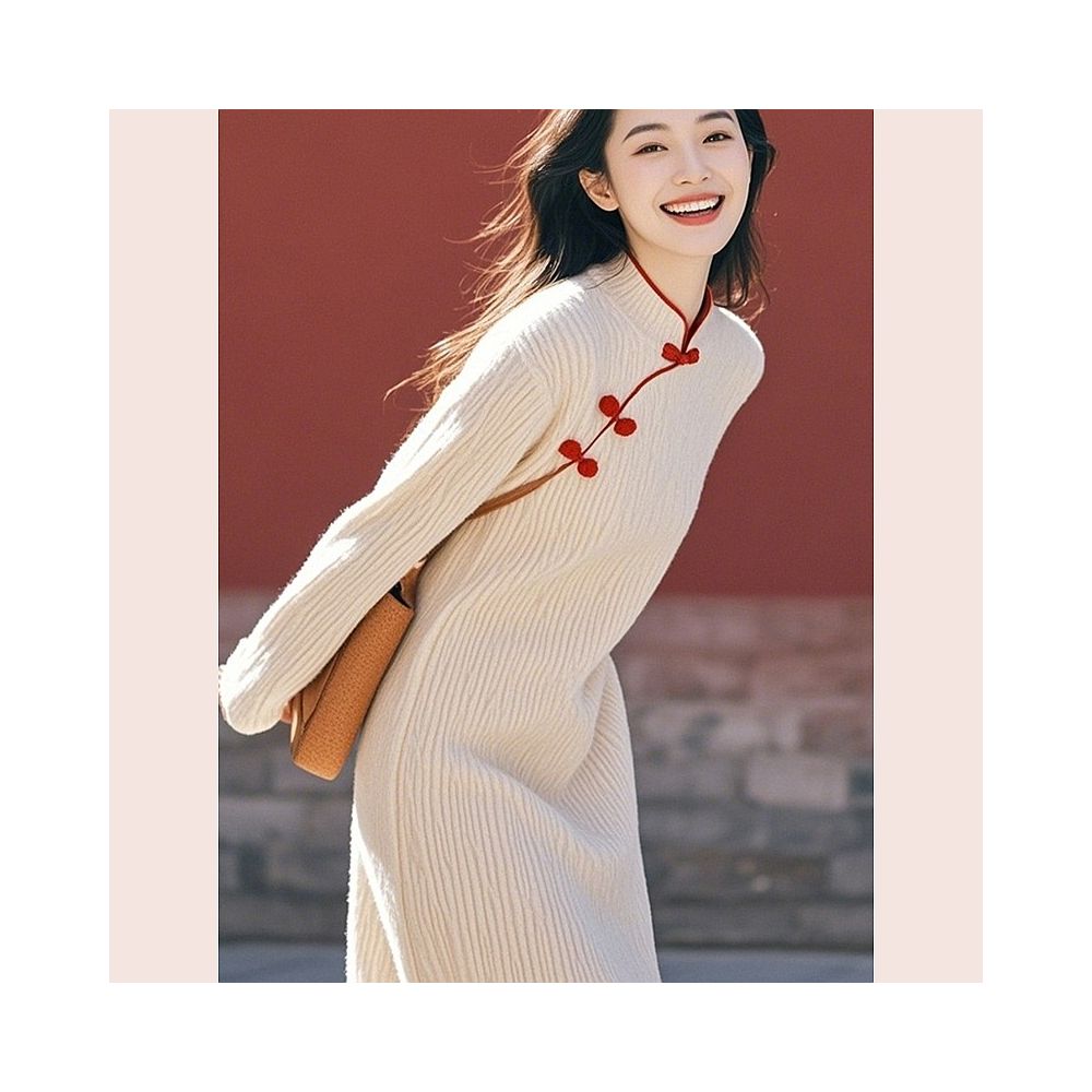 Shopping mall to withdraw cabinet 2025 winter fashion temperament high end feeling new Chinese style white buckle knitted dress for women image 4