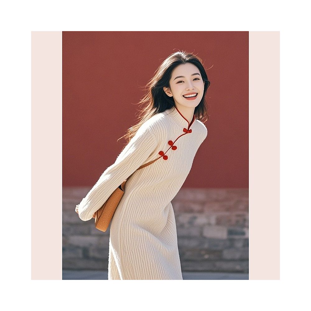 Shopping mall to withdraw cabinet 2025 winter fashion temperament high end feeling new Chinese style white buckle knitted dress for women image 0