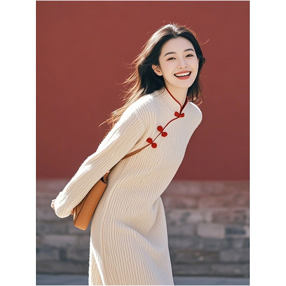 ASAYA5929 – Ivory Blossom Knit Qipao Dress 🤍🌸