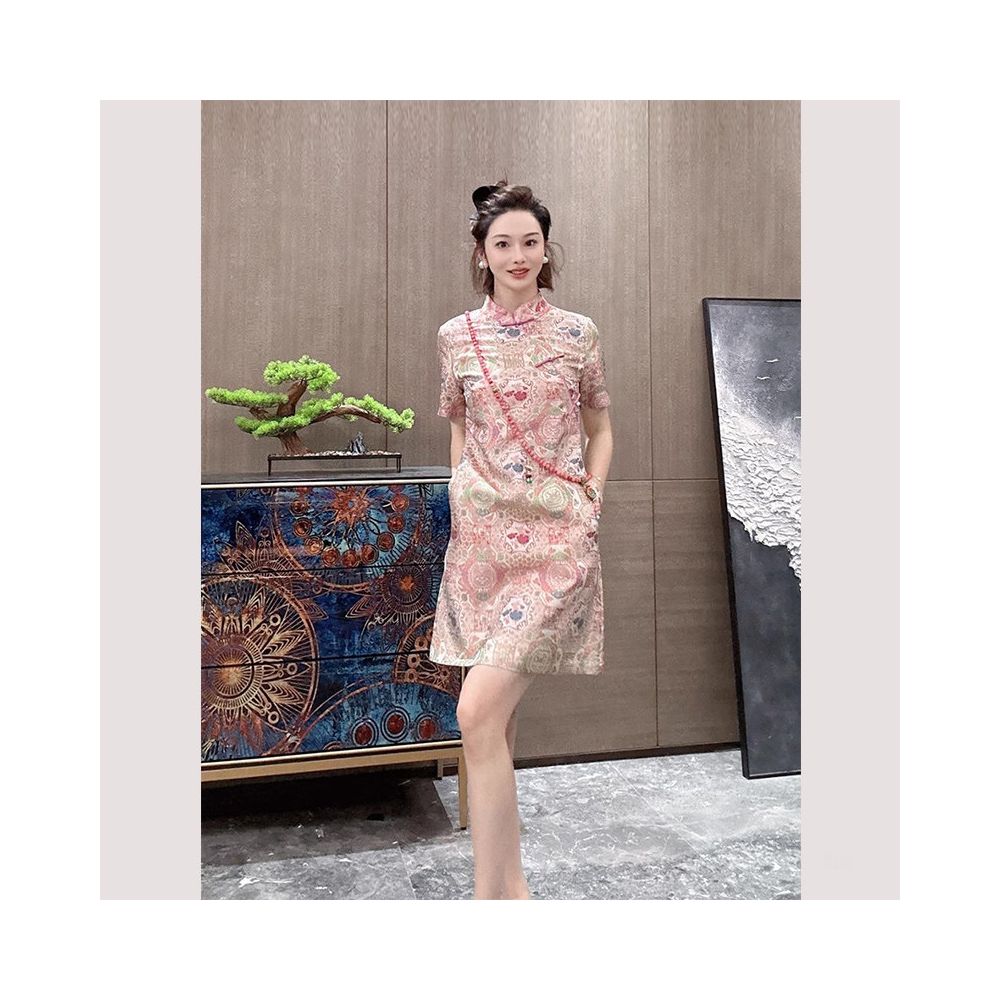 Summer women s clothing 2025 new small skirt new Chinese style improved cheongsam pink Song brocade dress for women image 0