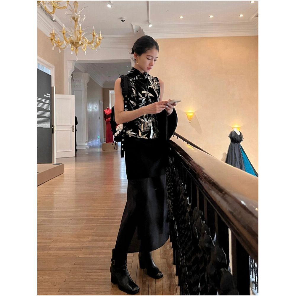 New Chinese style retro sleeveless vest vest vest women s summer outerwear tight fitting heavy industry bamboo print stand up collar top image 3