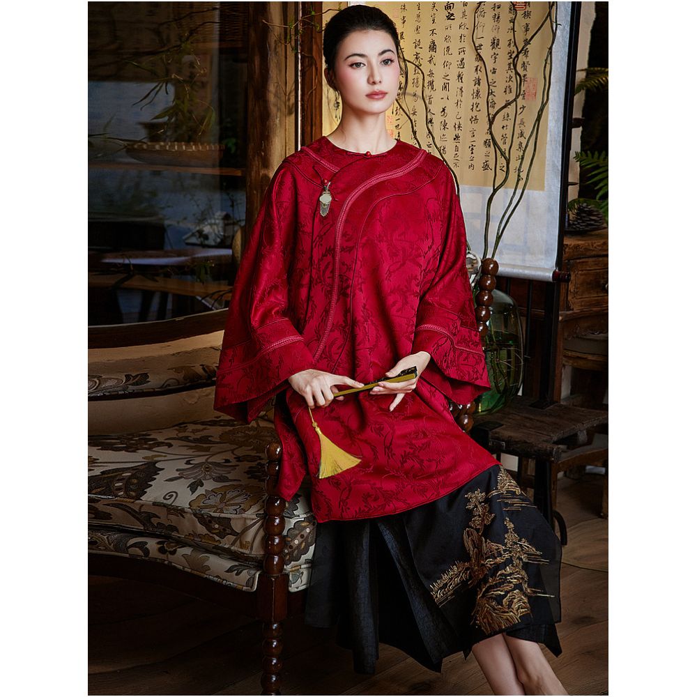 Moyu 丨 Embroidery Tang 丨 Chinese style improved Han Qing women s inverted long sleeved cloak Chinese red mid length Tang style top image 0