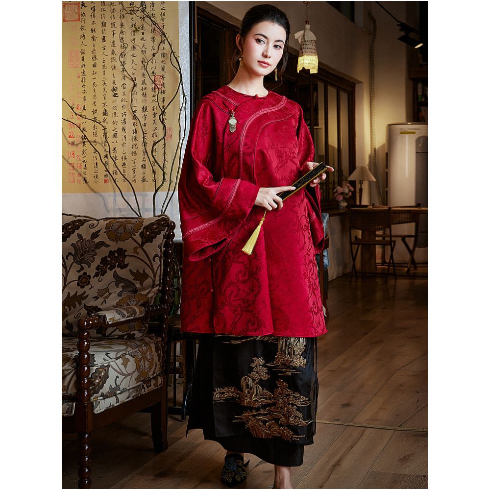 Moyu 丨 Embroidery Tang 丨 Chinese style improved Han Qing women s inverted long sleeved cloak Chinese red mid length Tang style top image 2