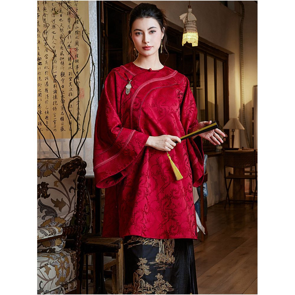 Moyu 丨 Embroidery Tang 丨 Chinese style improved Han Qing women s inverted long sleeved cloak Chinese red mid length Tang style top image 3