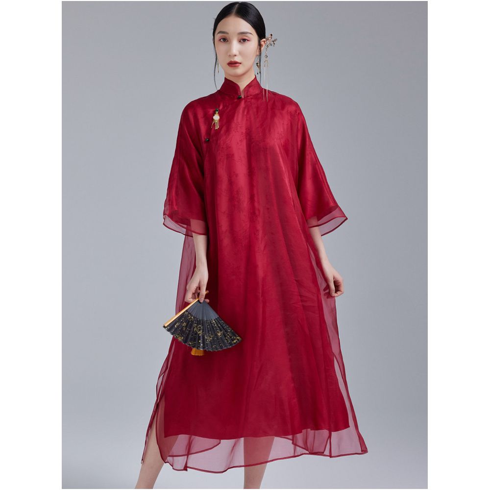 Moyu s new Chinese style 100 silk organza plus size morning gown new Chinese banquet red qipao dress image 0
