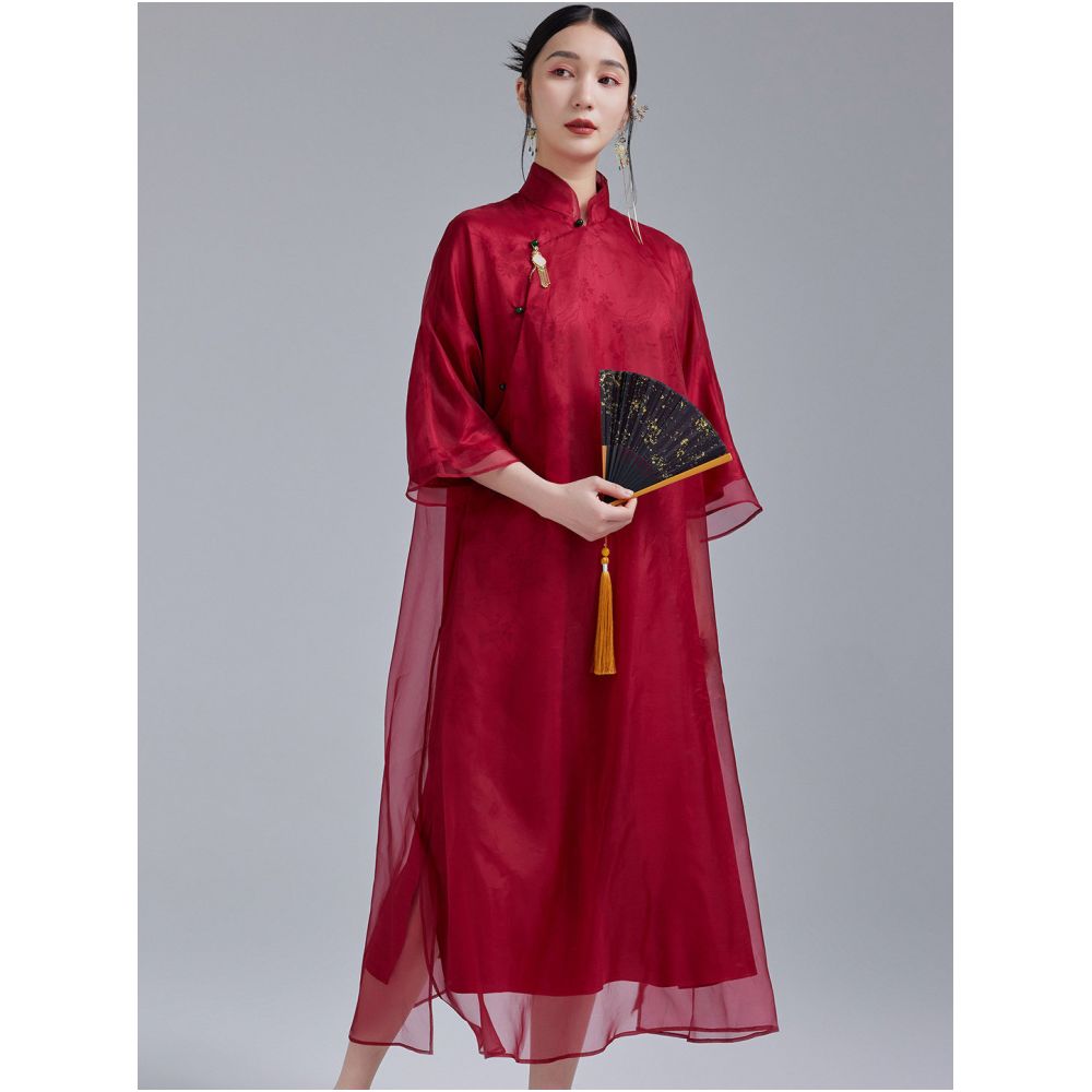 Moyu s new Chinese style 100 silk organza plus size morning gown new Chinese banquet red qipao dress image 3