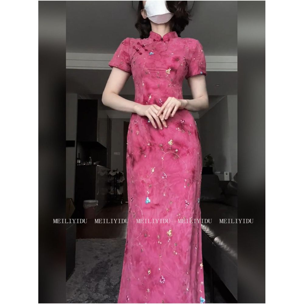 MLYD Custom Large New Chinese Heavy Industry Embroidered Improved Cheongsam Women s Stand up Collar Buckle Waist Fragmented Flower Dress image 0