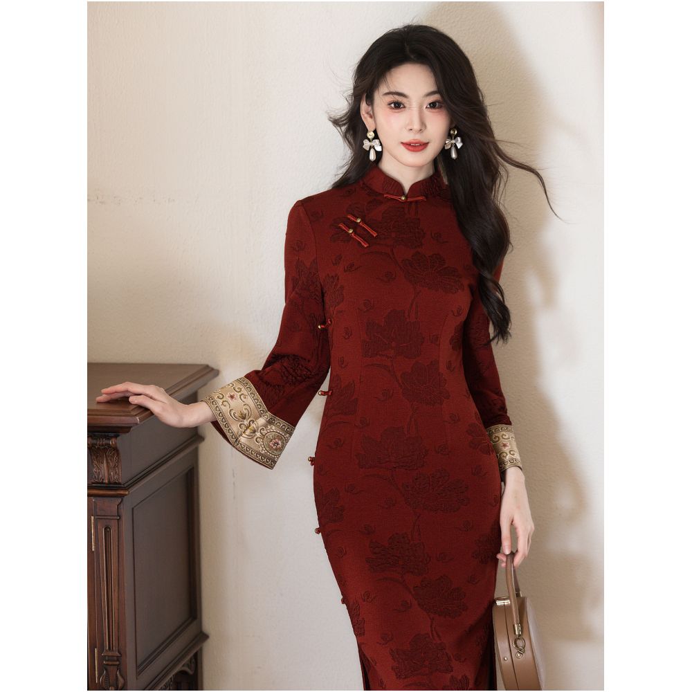 HARSIDE stunning new Chinese retro high end red long sleeved cheongsam improved dress with elegant and noble temperament image 0