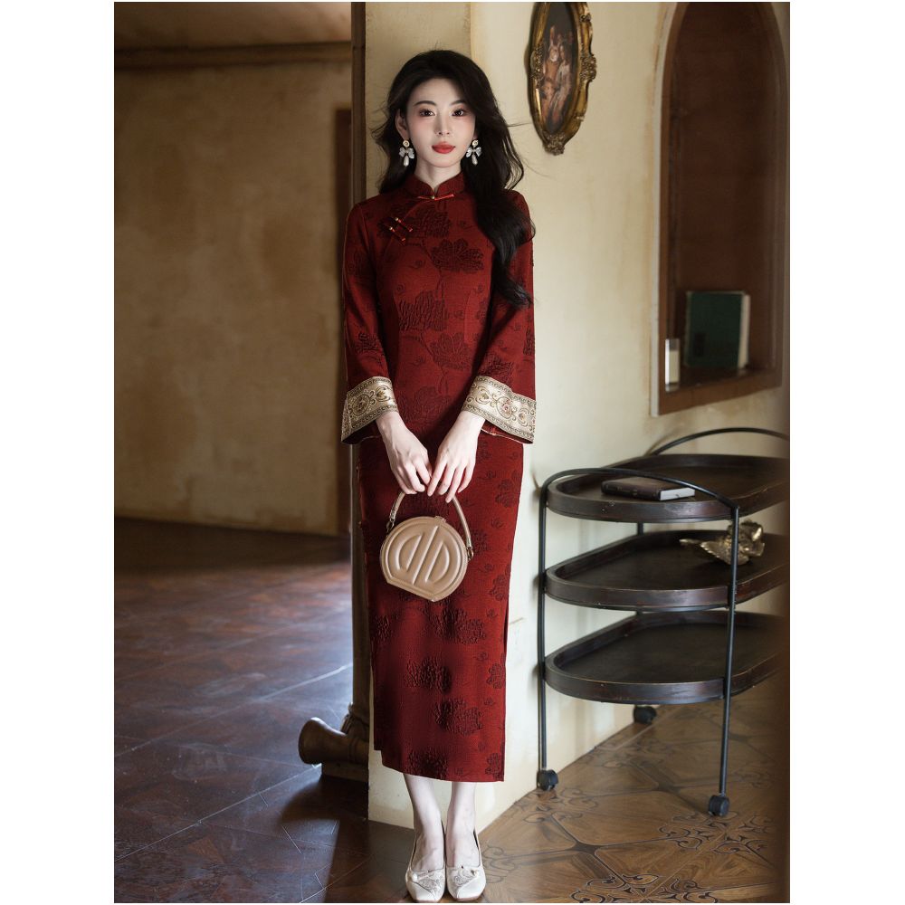 HARSIDE stunning new Chinese retro high end red long sleeved cheongsam improved dress with elegant and noble temperament image 3