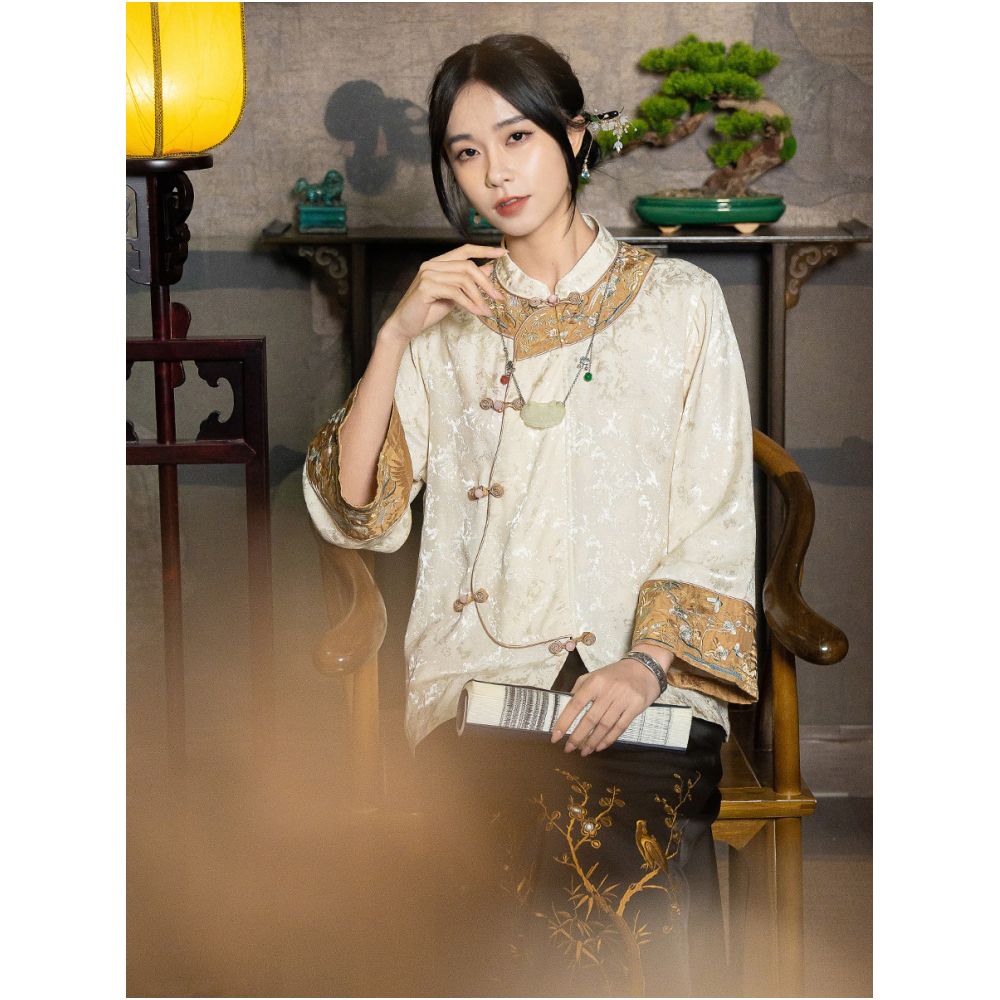 New Chinese style women s spring and summer Chinese style suit jacquard Tencel top retro button Republican style embroidered floral tea dress image 0