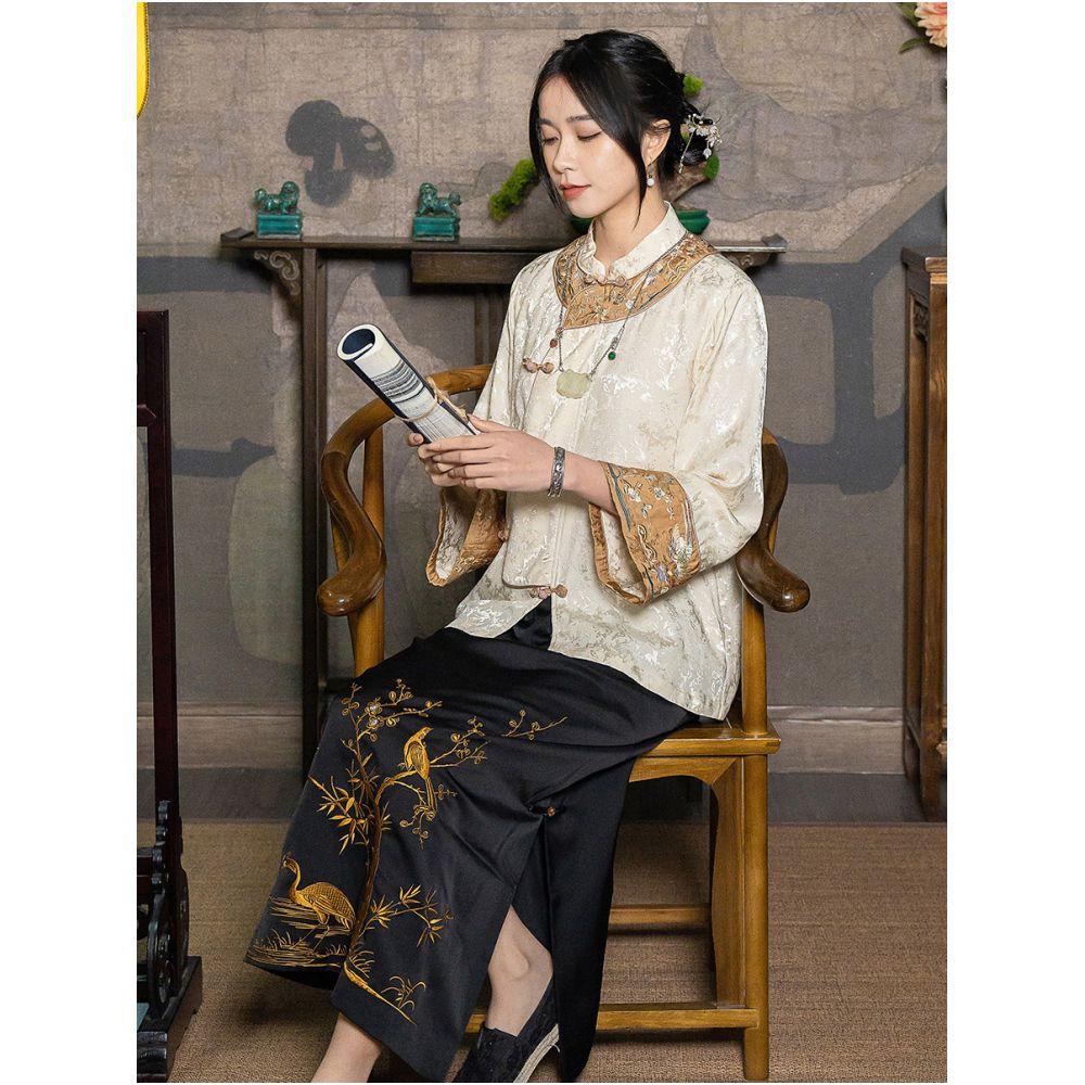 New Chinese style women s spring and summer Chinese style suit jacquard Tencel top retro button Republican style embroidered floral tea dress image 1
