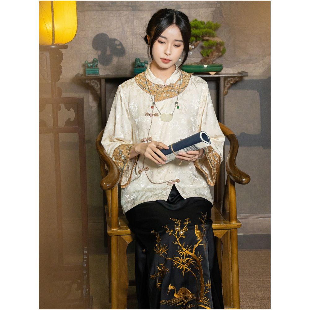 New Chinese style women s spring and summer Chinese style suit jacquard Tencel top retro button Republican style embroidered floral tea dress image 2