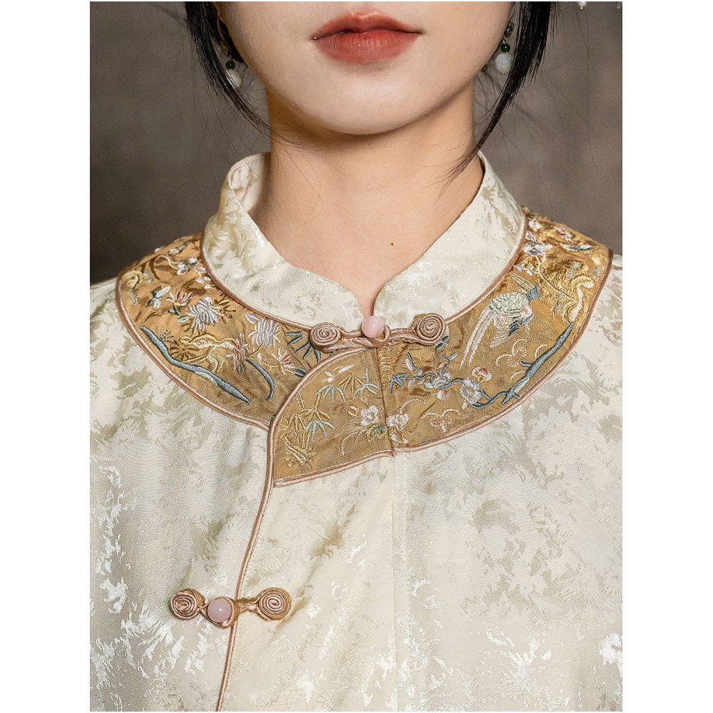 New Chinese style women s spring and summer Chinese style suit jacquard Tencel top retro button Republican style embroidered floral tea dress image 4