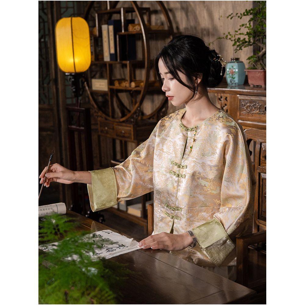 New Chinese style women s clothing Chinese style jacquard new Song brocade jacket shirt long sleeved spring and autumn style vintage style plate buckle tea suit image 0