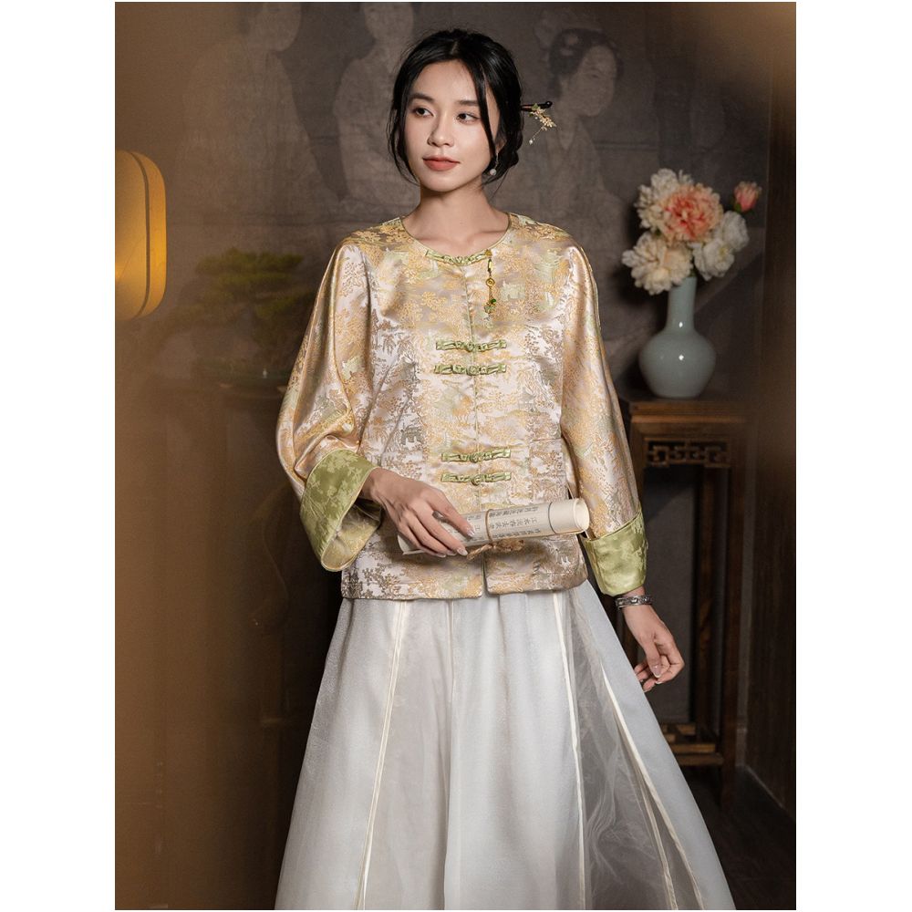 New Chinese style women s clothing Chinese style jacquard new Song brocade jacket shirt long sleeved spring and autumn style vintage style plate buckle tea suit image 4