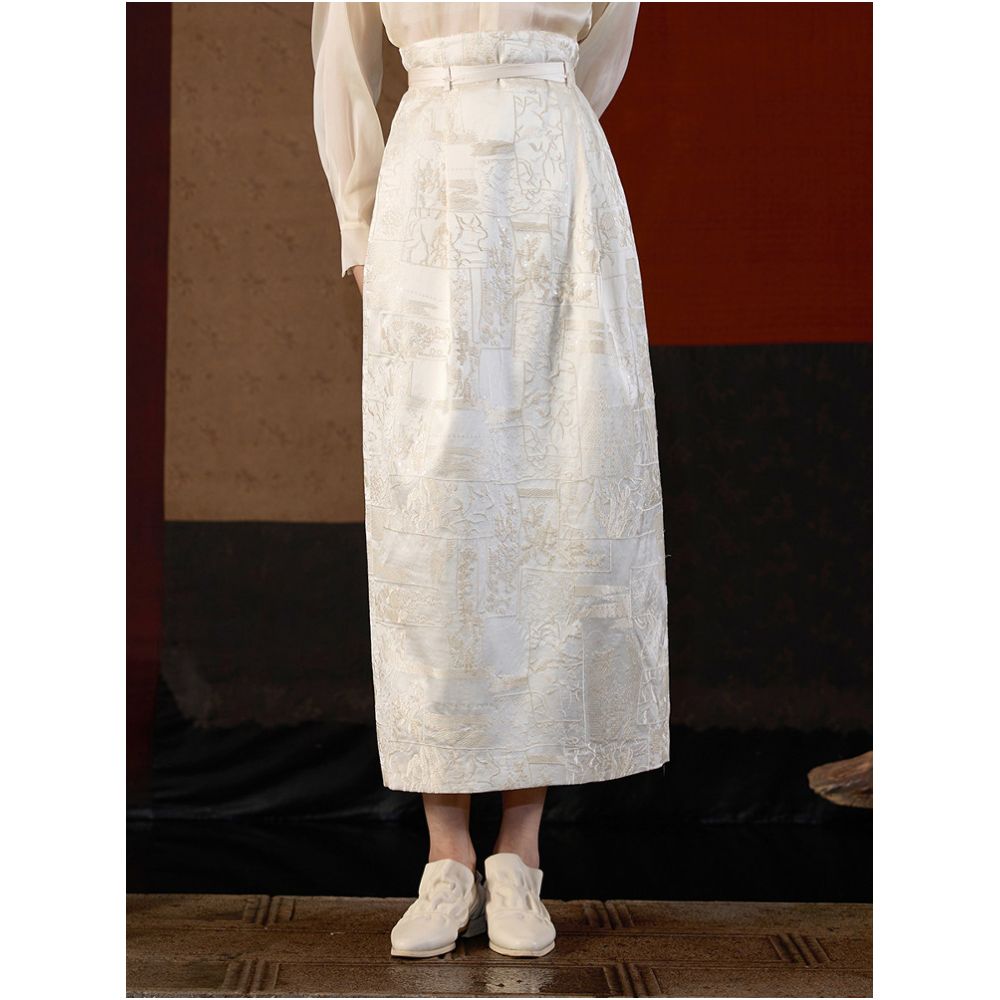 Embroidered High Waist New Chinese style Old Money Wind Bead High Waist Long Half Skirt J43Q6078 image 0