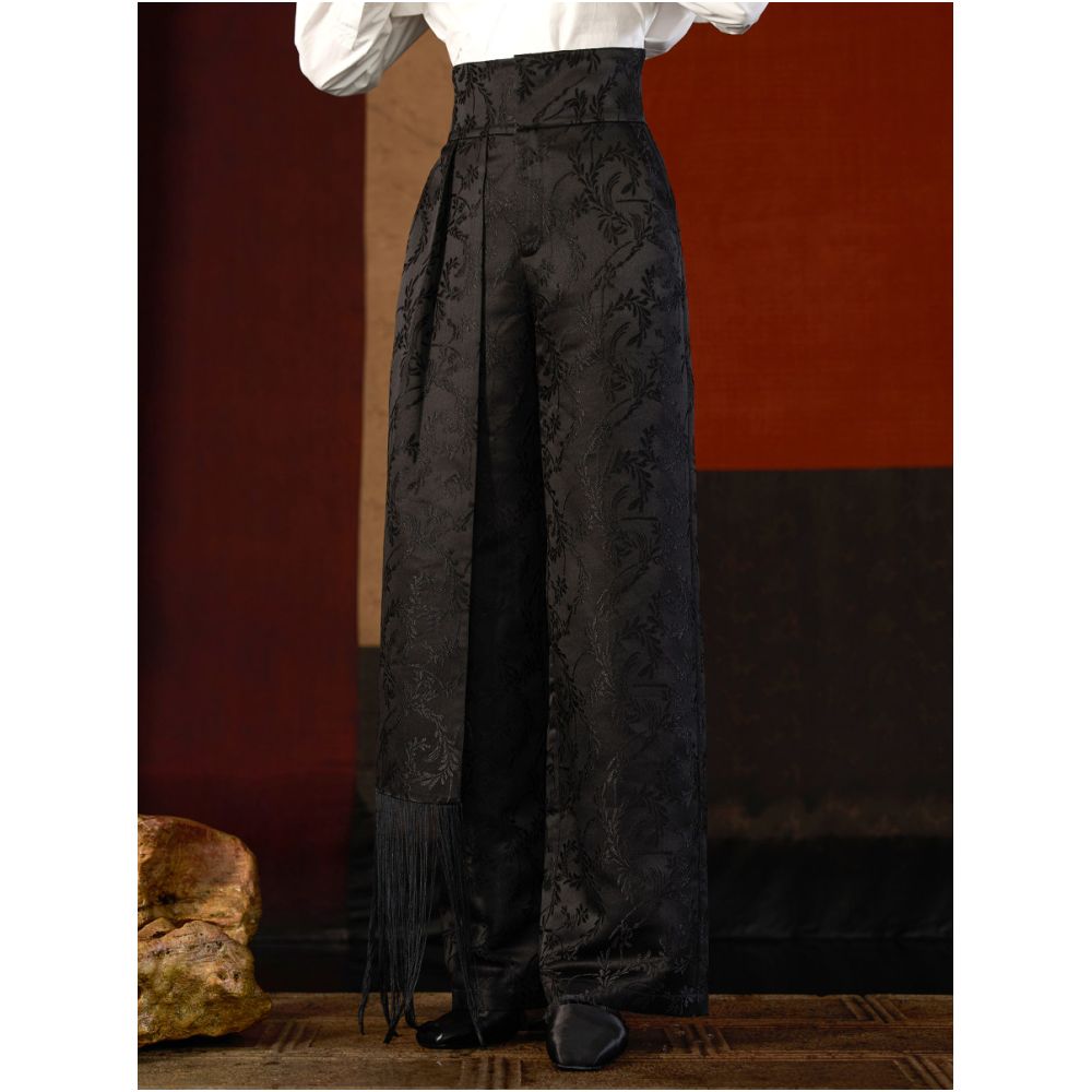 Fashionable high waisted asymmetrical jacquard tassel long pants with wide legs versatile casual pants J43K8025 both inside and outside the industry image 0
