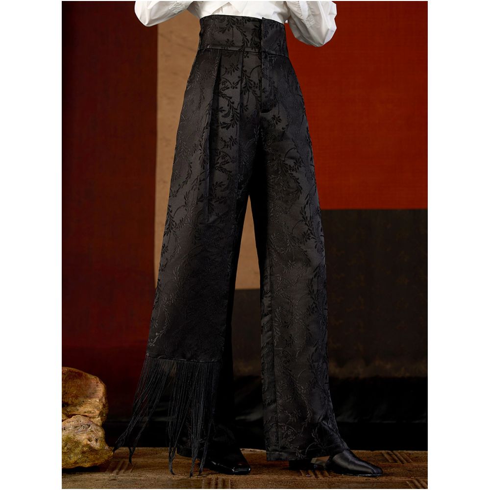Fashionable high waisted asymmetrical jacquard tassel long pants with wide legs versatile casual pants J43K8025 both inside and outside the industry image 2