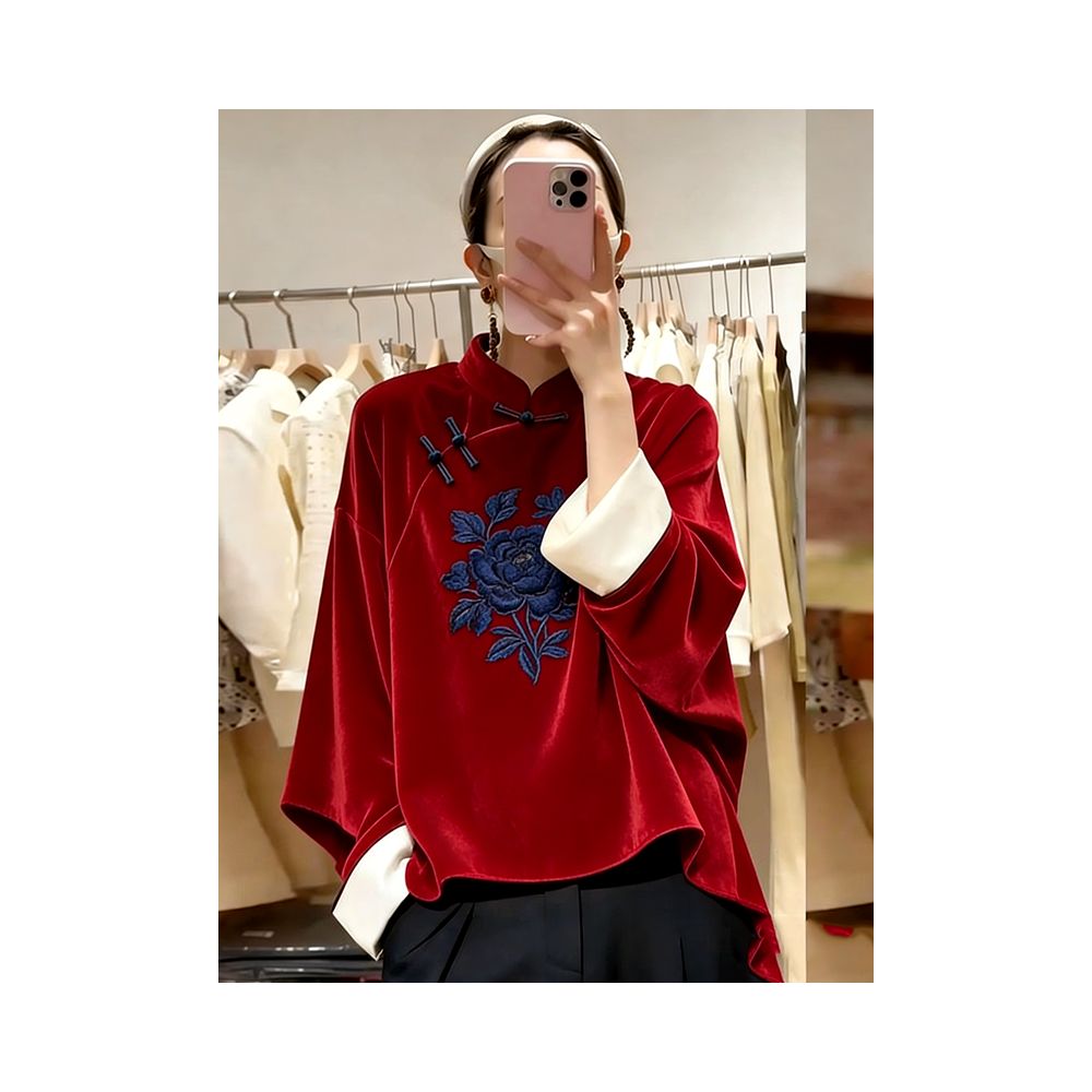 ASAYA5957 – Crimson Peony Velvet Top 🌺❤️