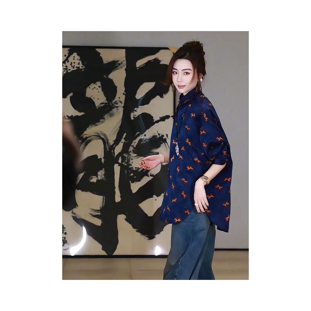 New Chinese Zen style Chinese style high end temperament super beautiful loose blue printed shirt for women 2026 spring new collection image 3