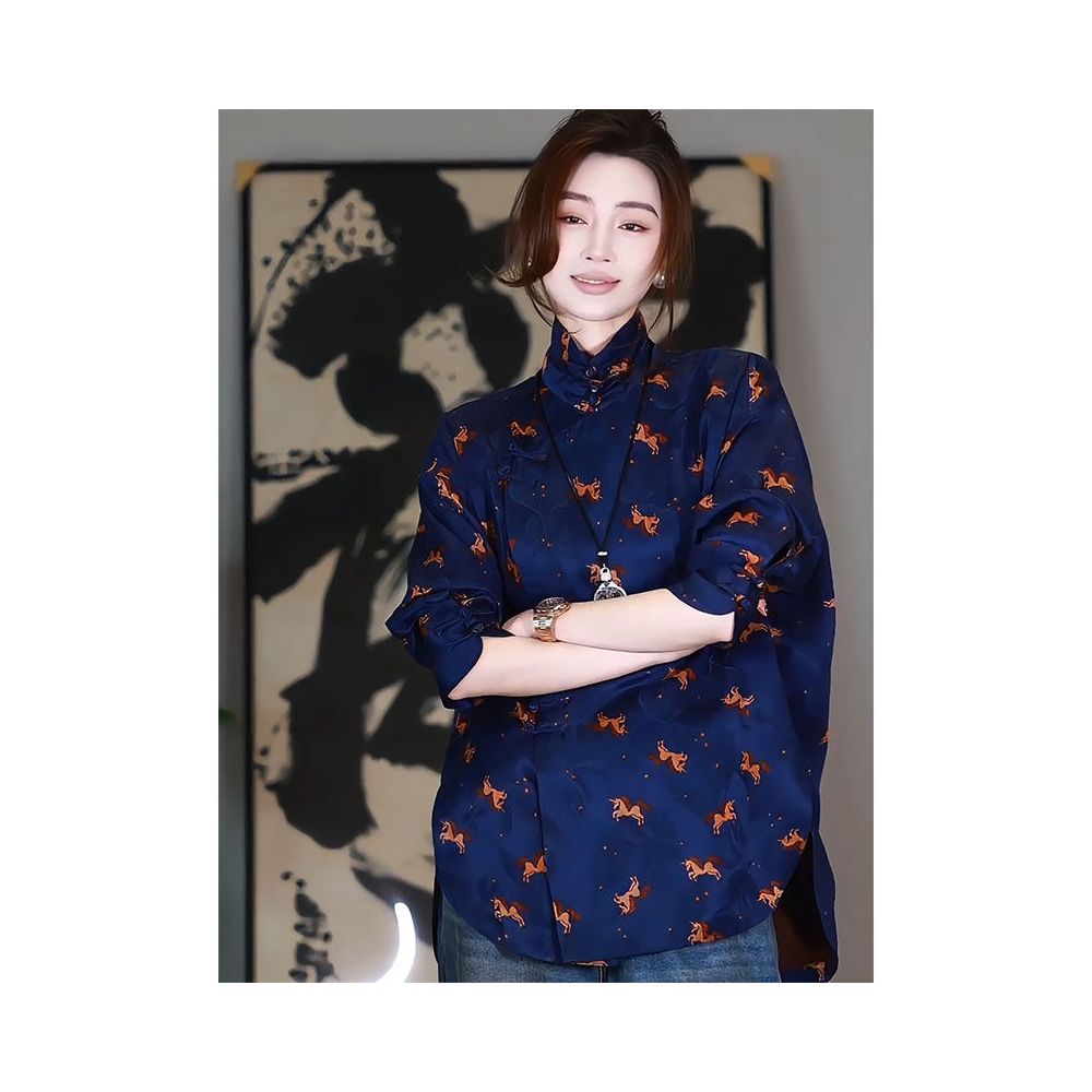 New Chinese Zen style Chinese style high end temperament super beautiful loose blue printed shirt for women 2026 spring new collection image 0