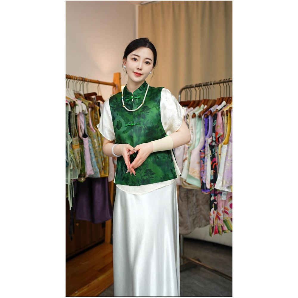 2025 New Chinese style Retro Jacquard Vest Summer New Style Stand up Collar Buckle Short Sleeve Chinese style Classical Top image 0