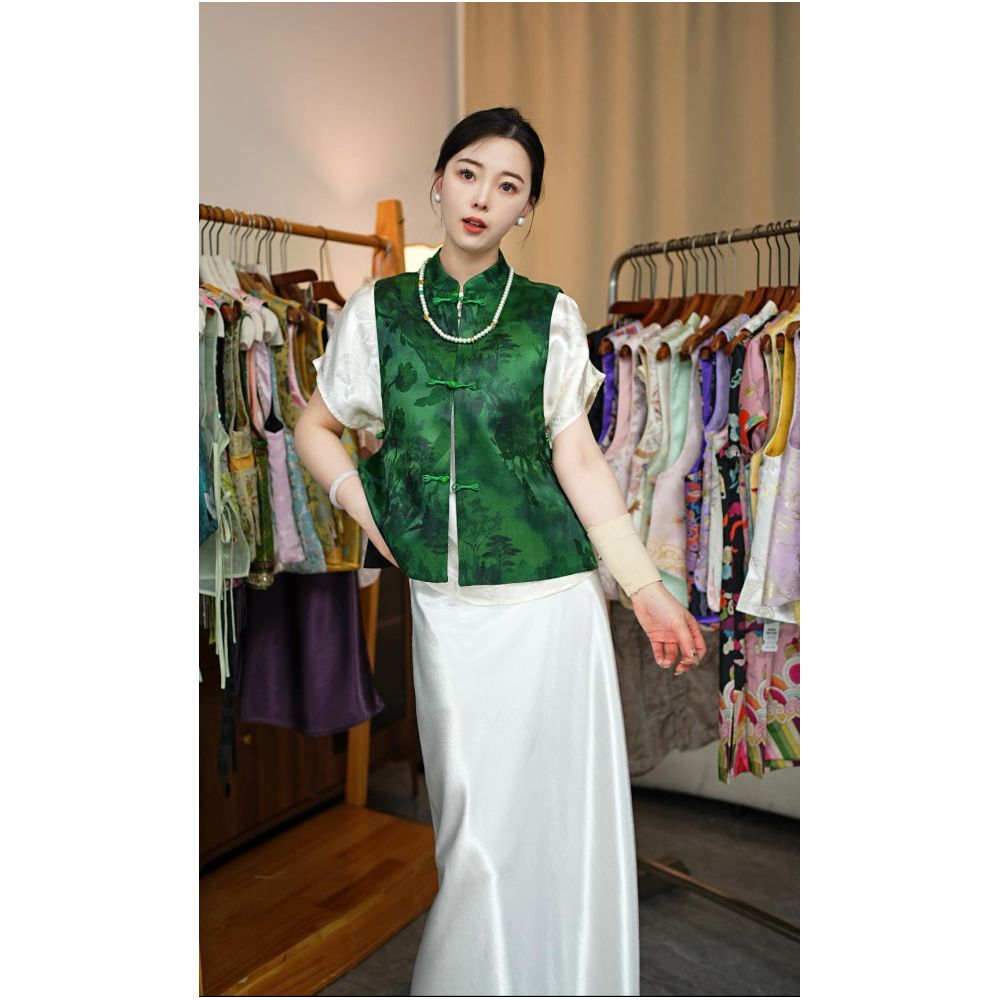 2025 New Chinese style Retro Jacquard Vest Summer New Style Stand up Collar Buckle Short Sleeve Chinese style Classical Top image 2