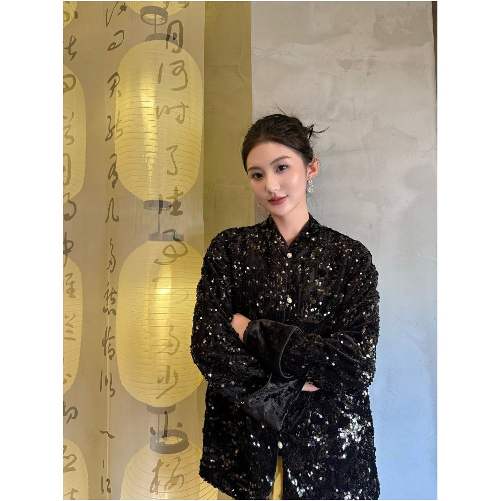 Red sequined coat women s new Chinese style heavy industry embroidery improved Tang style cotton jacket cotton jacket top for Christmas and New Year s Eve image 1