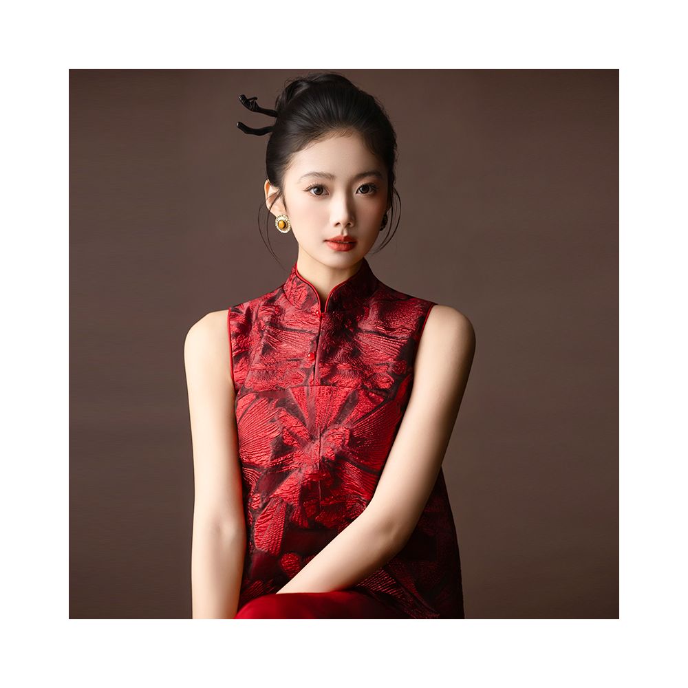Dear Peony Painting New Chinese Toast Dress Bridal Red Sleeveless Engagement Cheongsam Two Piece Dress Set image 2