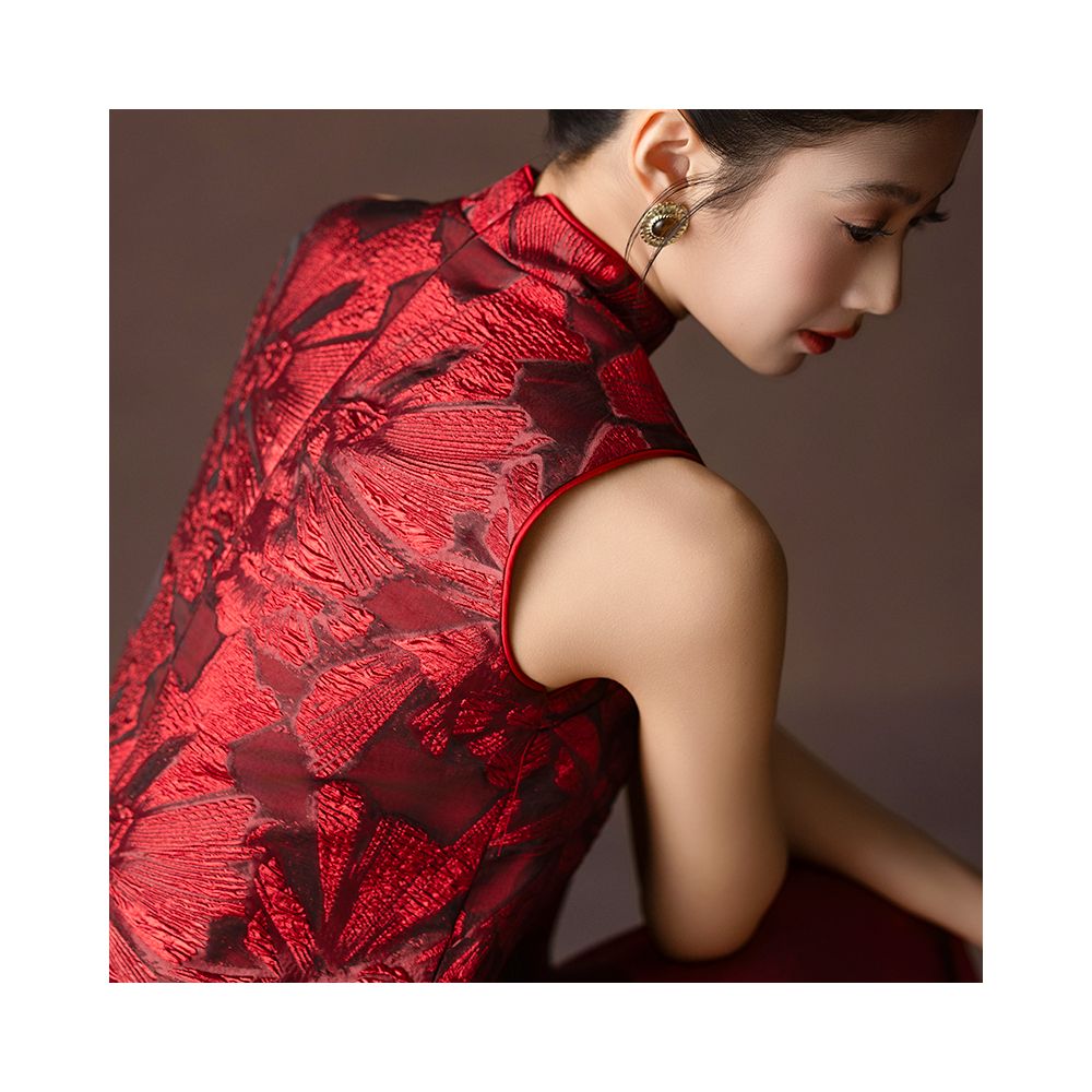 Dear Peony Painting New Chinese Toast Dress Bridal Red Sleeveless Engagement Cheongsam Two Piece Dress Set image 3