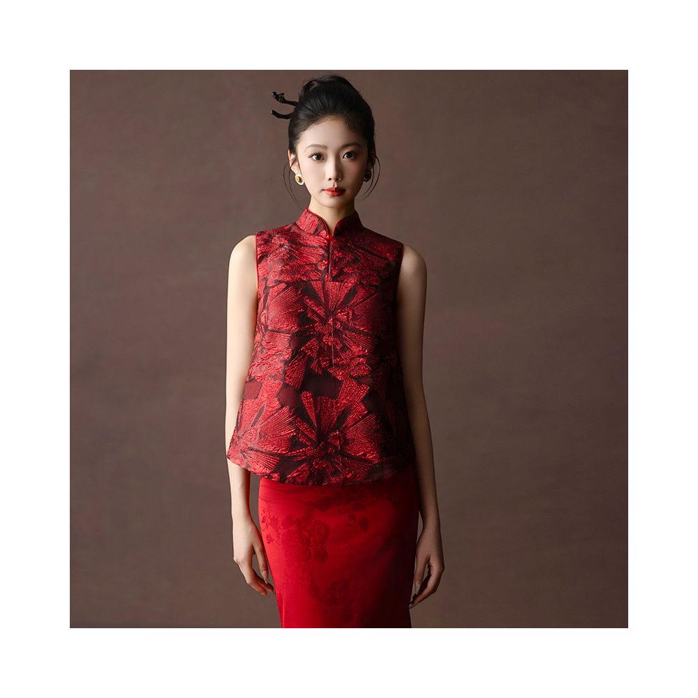 Dear Peony Painting New Chinese Toast Dress Bridal Red Sleeveless Engagement Cheongsam Two Piece Dress Set image 4