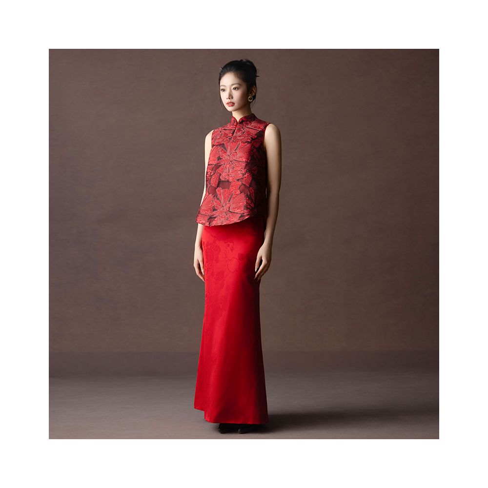 Dear Peony Painting New Chinese Toast Dress Bridal Red Sleeveless Engagement Cheongsam Two Piece Dress Set image 5