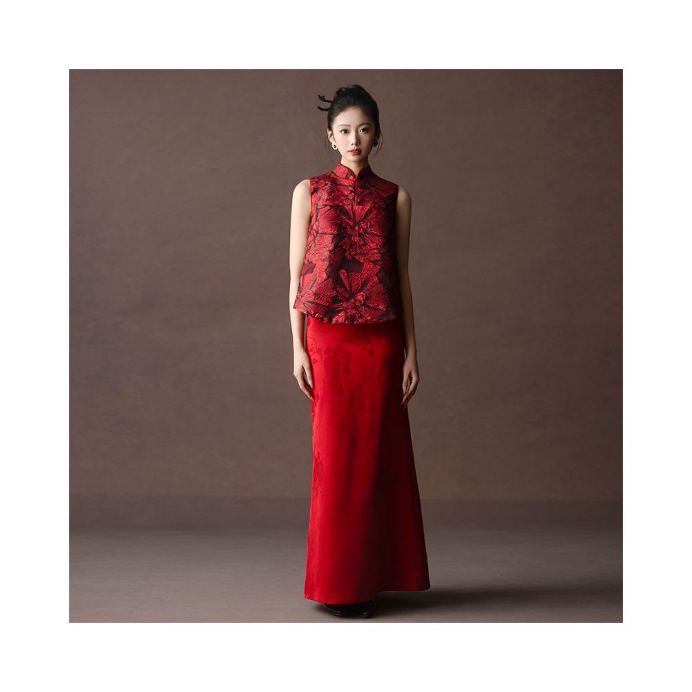Dear Peony Painting New Chinese Toast Dress Bridal Red Sleeveless Engagement Cheongsam Two Piece Dress Set image 0