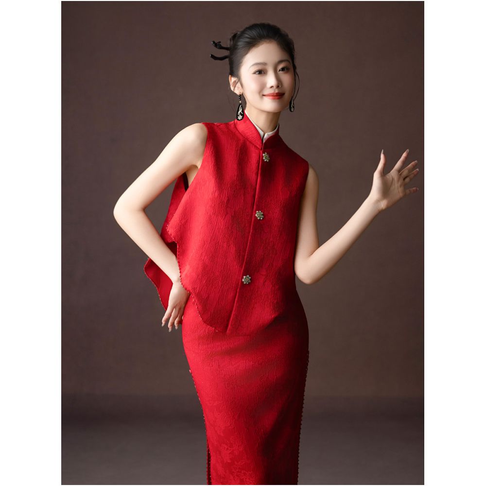 Dear Mudan Yao Spring Ying Chinese Style Bridal Toast Dress Cheongsam Summer Red Engagement Dress Set Three Piece Set image 0