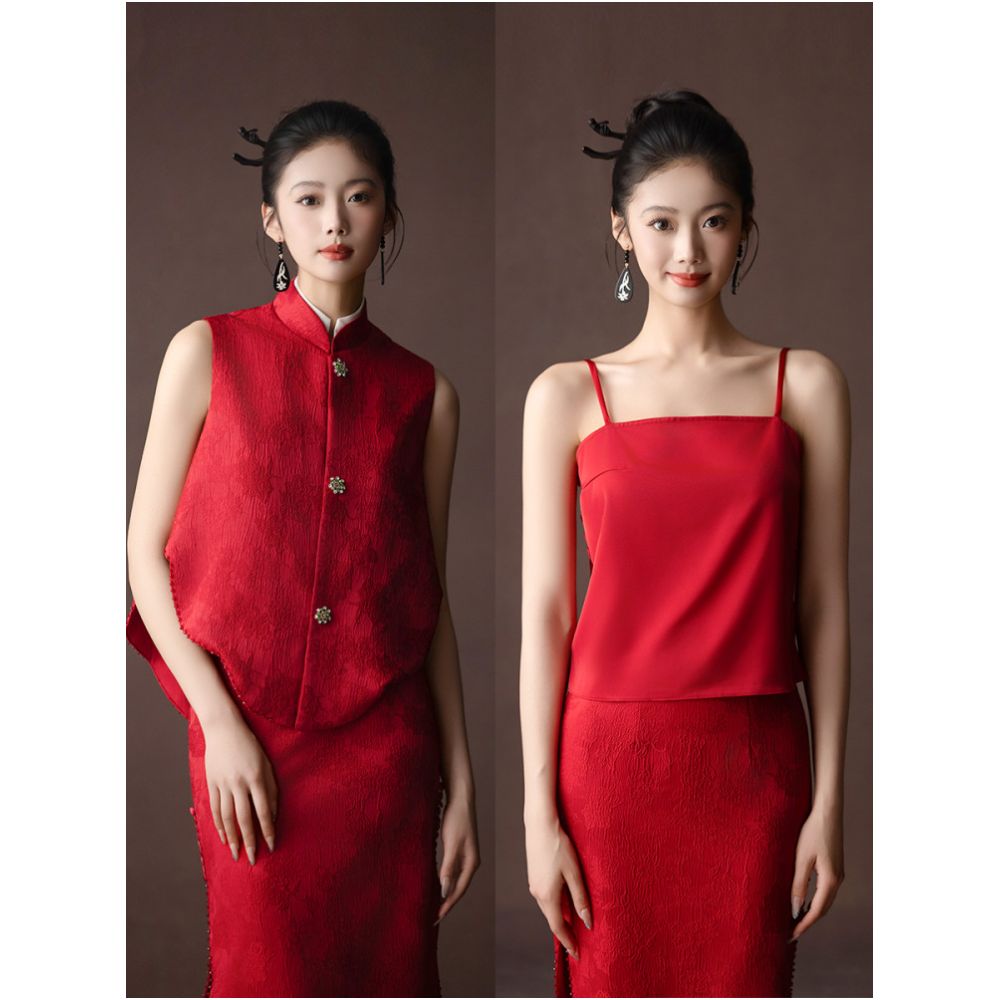 Dear Mudan Yao Spring Ying Chinese Style Bridal Toast Dress Cheongsam Summer Red Engagement Dress Set Three Piece Set image 1
