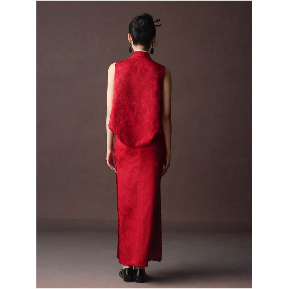 Dear Mudan Yao Spring Ying Chinese Style Bridal Toast Dress Cheongsam Summer Red Engagement Dress Set Three Piece Set image 3