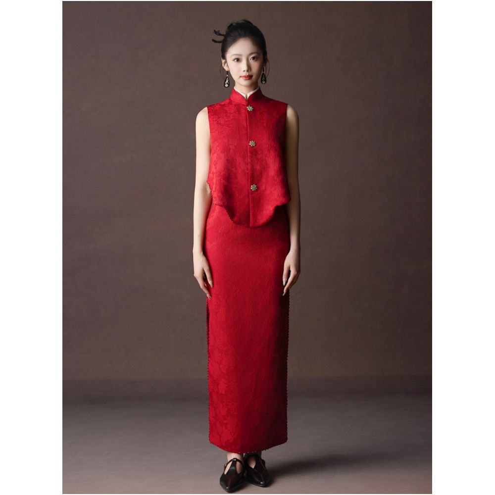 Dear Mudan Yao Spring Ying Chinese Style Bridal Toast Dress Cheongsam Summer Red Engagement Dress Set Three Piece Set image 4