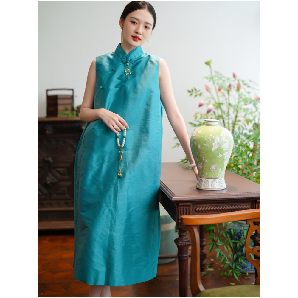2024 New Product PCY1989 Relaxing Bamboo Knot Silk Double Palace Silk Cocoon Type Pan Button Standing Collar Cheongsam Dress image 0