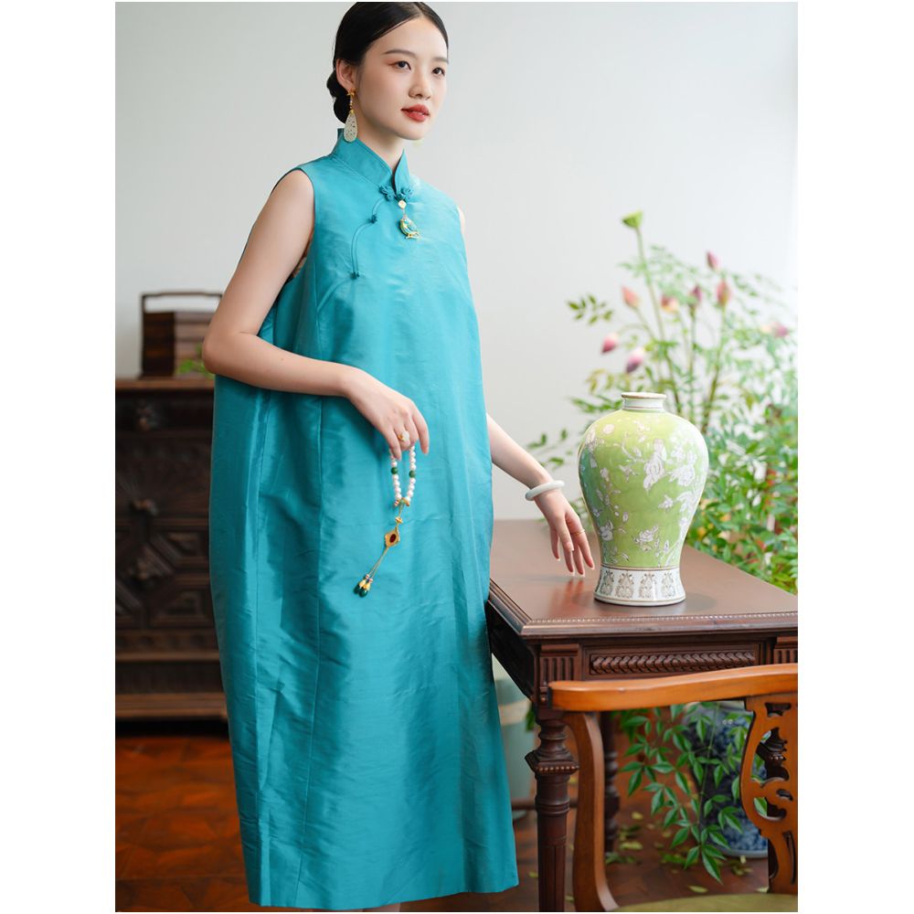 2024 New Product PCY1989 Relaxing Bamboo Knot Silk Double Palace Silk Cocoon Type Pan Button Standing Collar Cheongsam Dress image 2