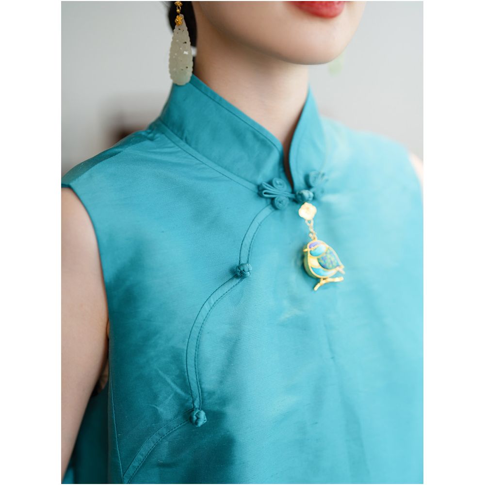 2024 New Product PCY1989 Relaxing Bamboo Knot Silk Double Palace Silk Cocoon Type Pan Button Standing Collar Cheongsam Dress image 4