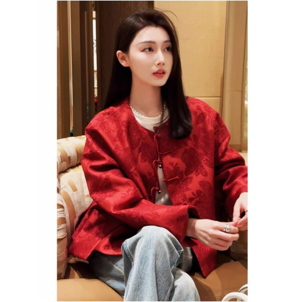New Year s Battle Robe Red New Chinese Coat 2026 New Retro Chinese Style Jacquard Buckle Top image 2
