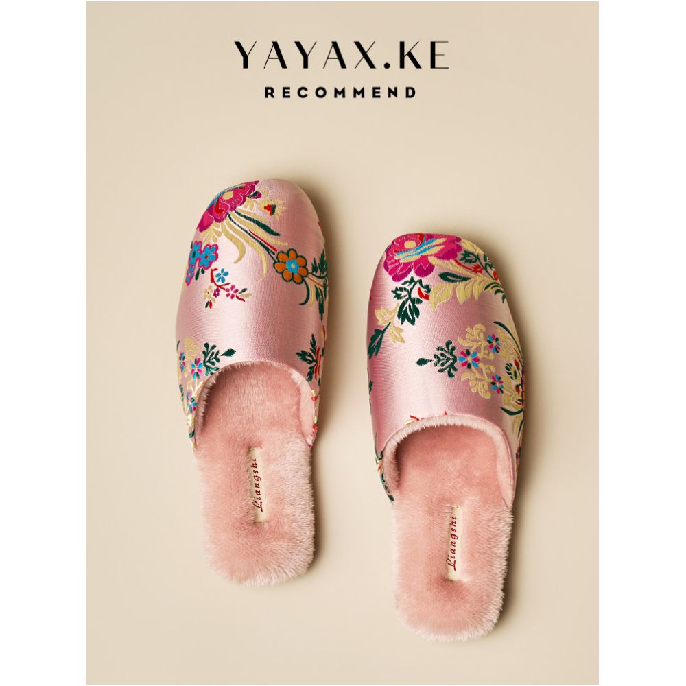 Ladies embroidered silk and cotton slippers for autumn and winter home and indoor Chinese ethnic style anti slip plush warm slippers image 0