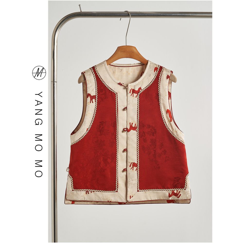 New Chinese style retro and noble round neck red pony jacquard splicing double sided wearing vest spring and autumn new women s clothing image 0