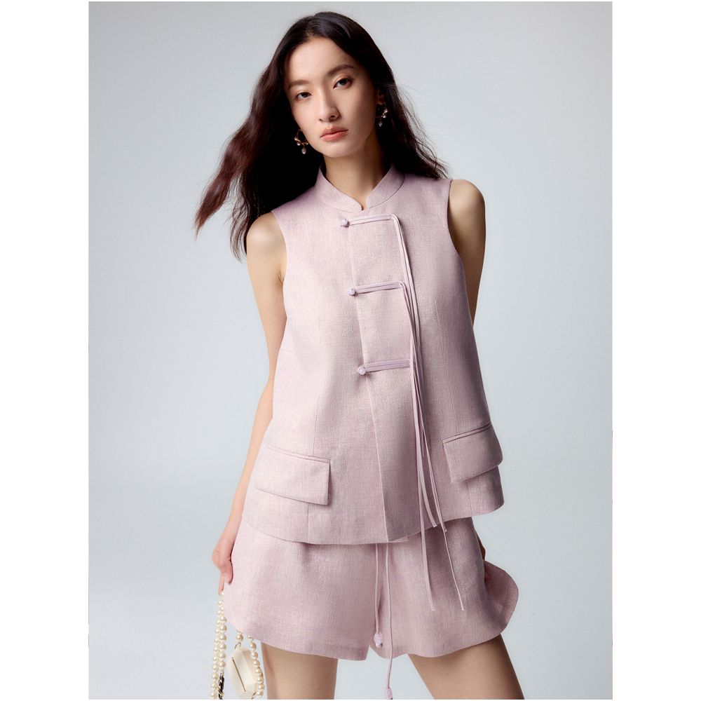 MR 99 Yueran Freeze Frame New Chinese style flowing gold silk linen jade ribbon buckle vest shorts set image 2