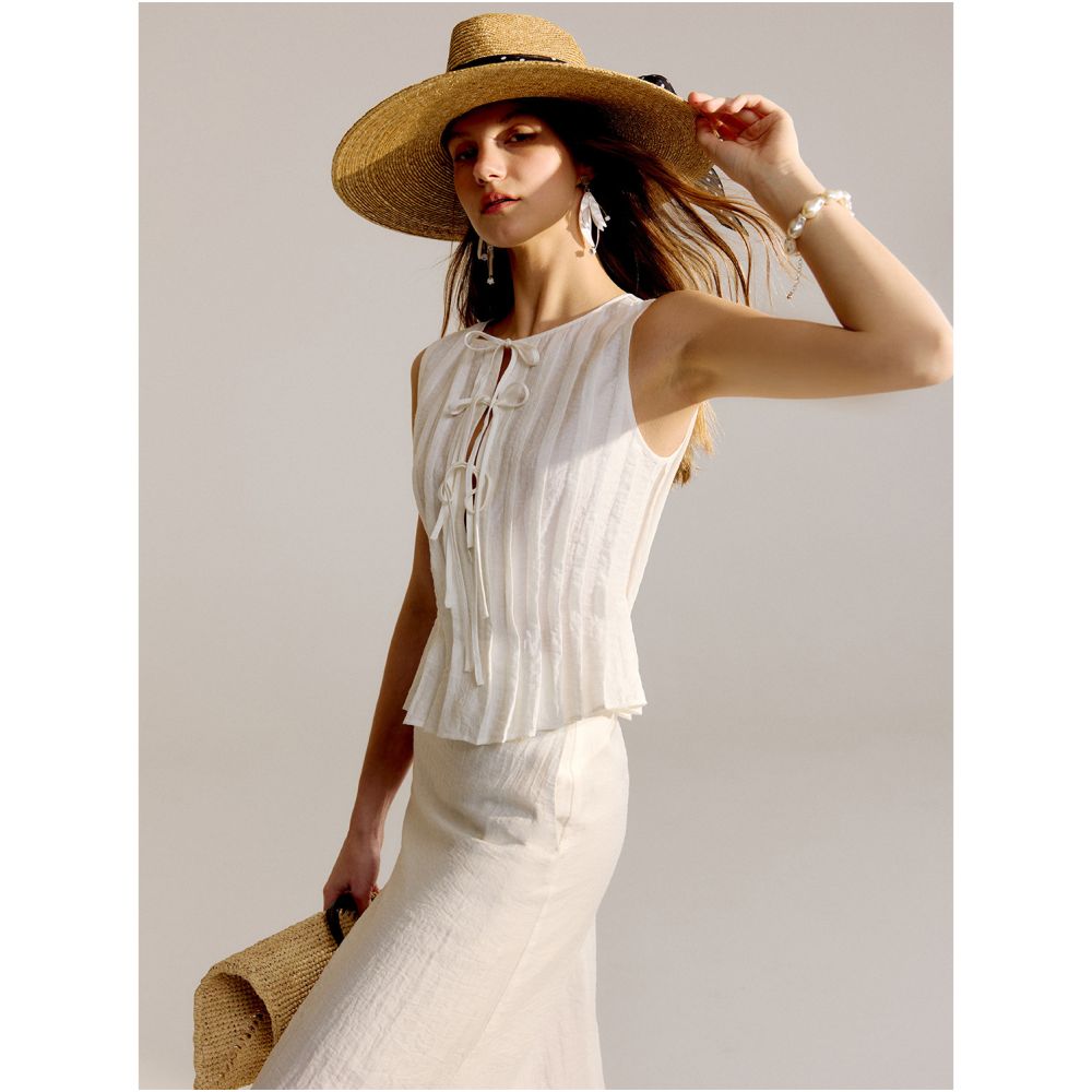 MR 99 Aegean Sea Lightweight Silk Soft Natural Flax Cool Skin friendly Tucker Fold Strap Vest Half Skirt Set image 1