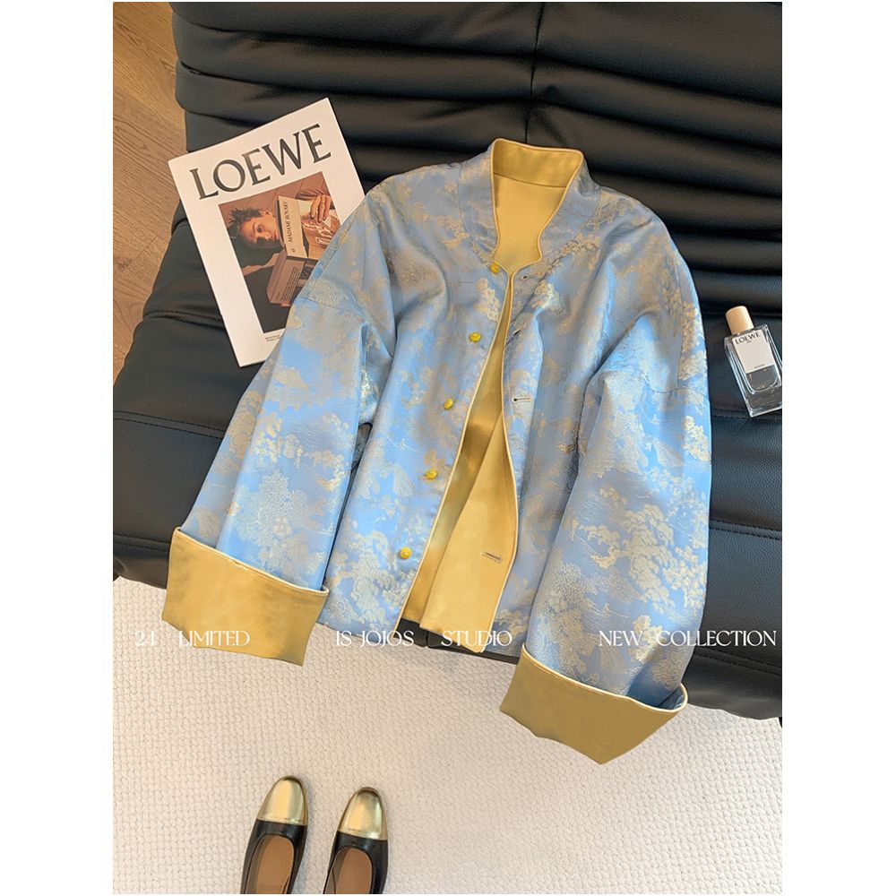 New Chinese style contrasting jacquard stand up collar satin jacket for spring 2025 high end women s clothing double sided Chinese style top image 0