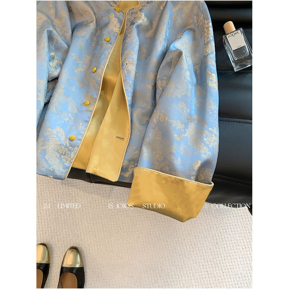 New Chinese style contrasting jacquard stand up collar satin jacket for spring 2025 high end women s clothing double sided Chinese style top image 4