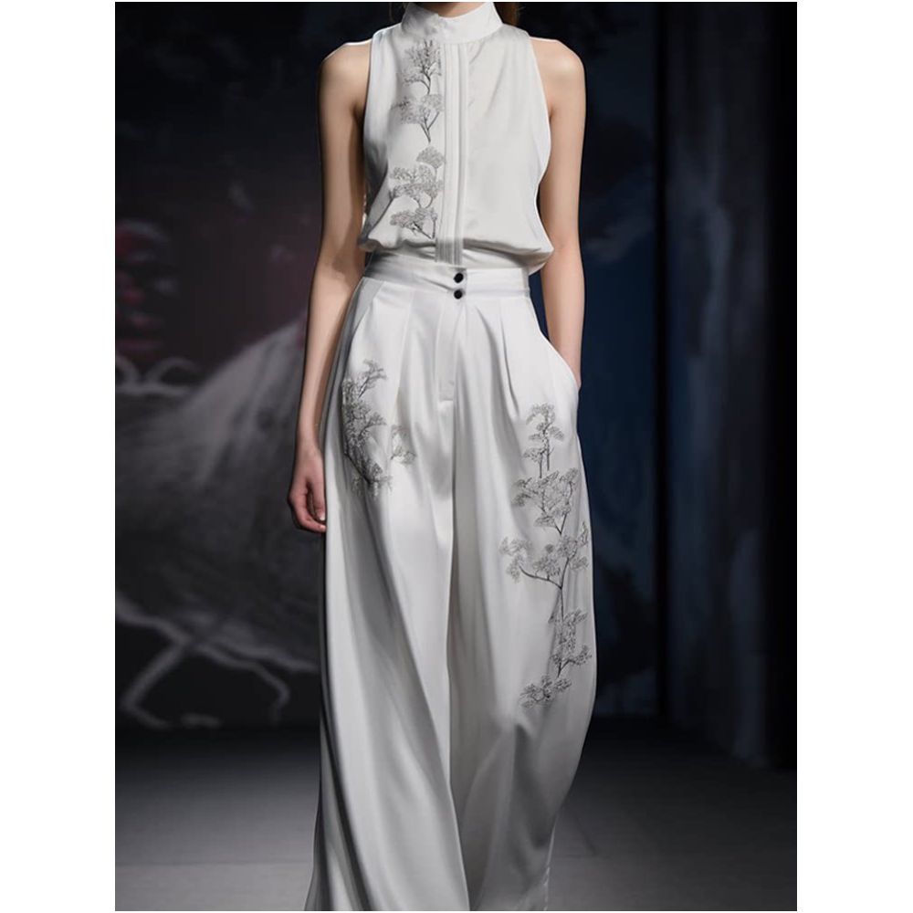 New Chinese style national style transparent sleeveless luxury top 2026 summer improved commuting wide leg pants two piece set for women image 3