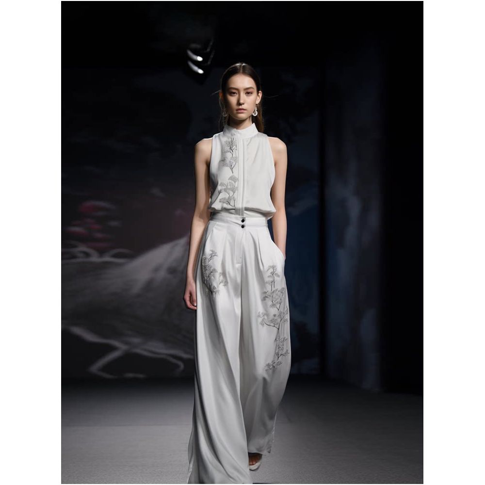 New Chinese style national style transparent sleeveless luxury top 2026 summer improved commuting wide leg pants two piece set for women image 4