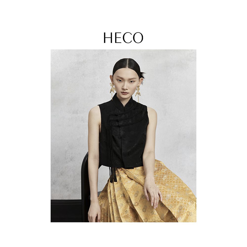 Yang Mi s HECO English Style New Chinese Style Acetic Acid Jacquard Camry Shoulder Tank Top with Buckle Cheongsam Collar and Vest image 2